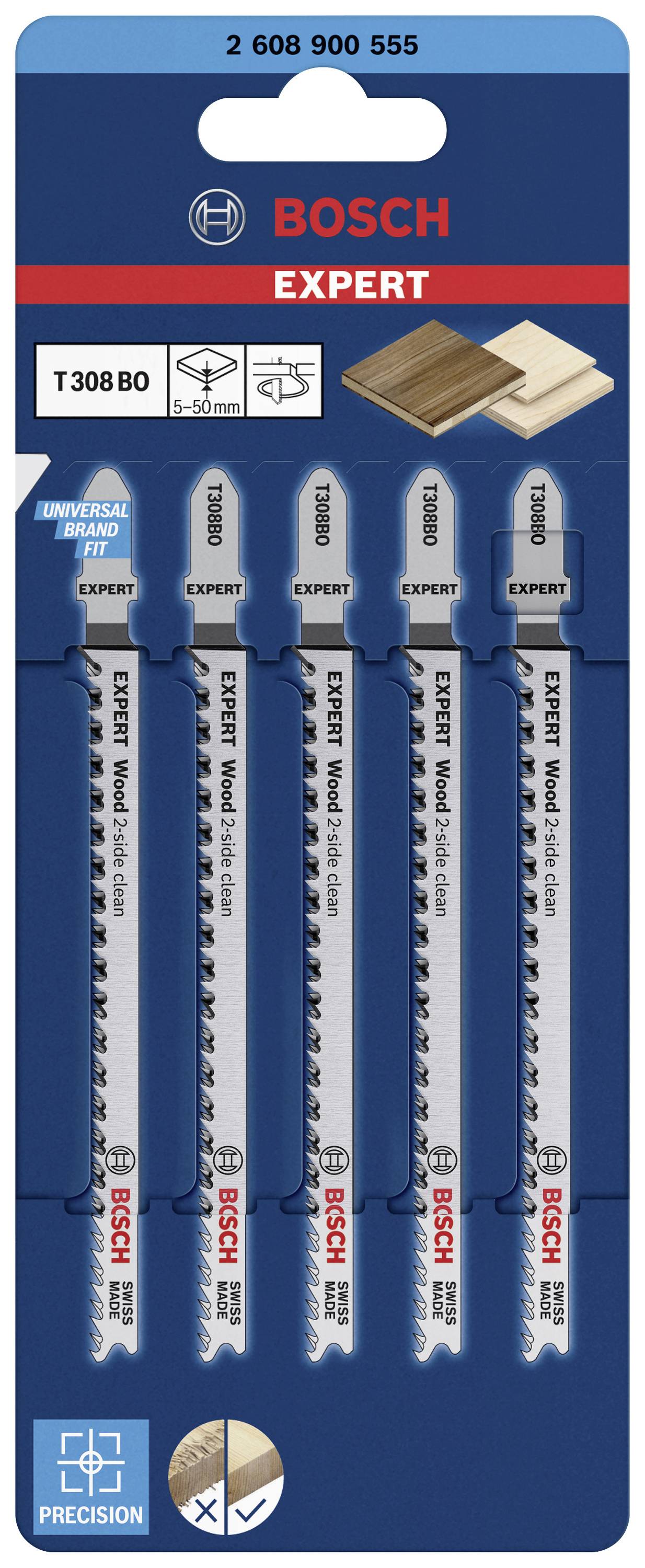 Lames de scie pour bois de Bosch, lot de 5 pièces, emballage bleu. Adaptées à différents types de bois, coupes précises.