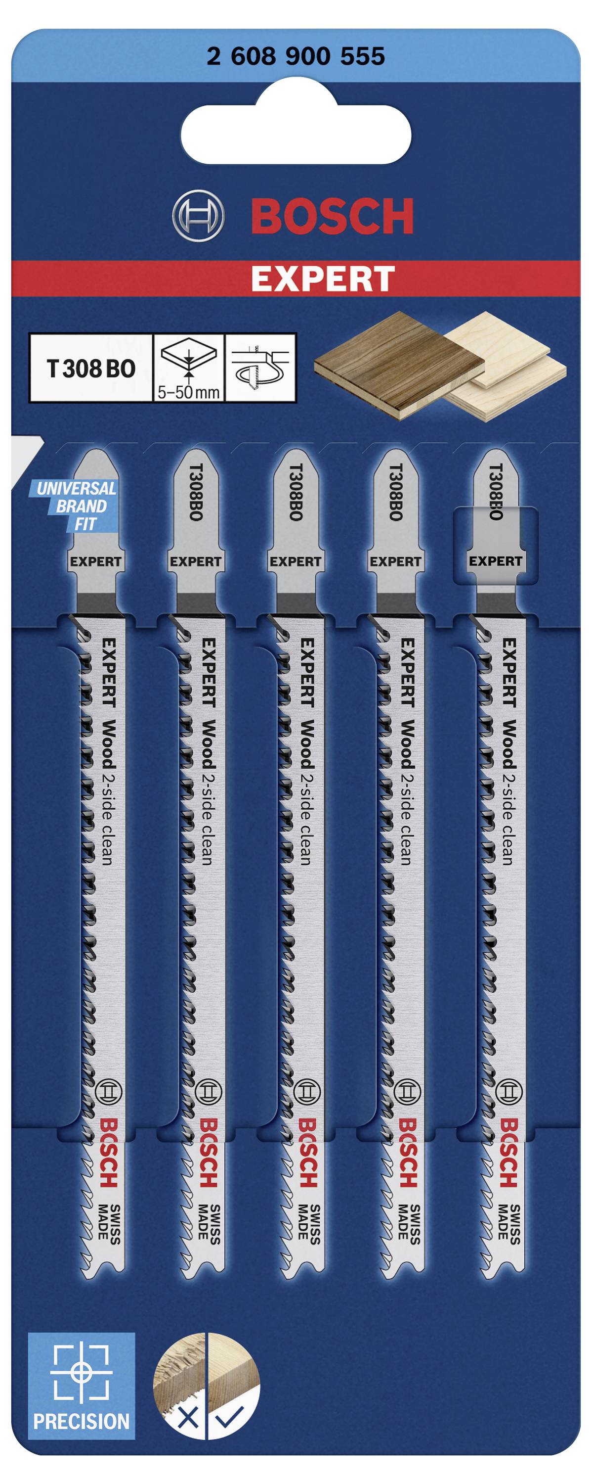 Lames de scie sauteuse 'Bosch Expert', lot de 5 lames. Adaptées aux coupes précises dans le bois, étiquetées sur l'emballage : T308B0, Universellement adaptables.