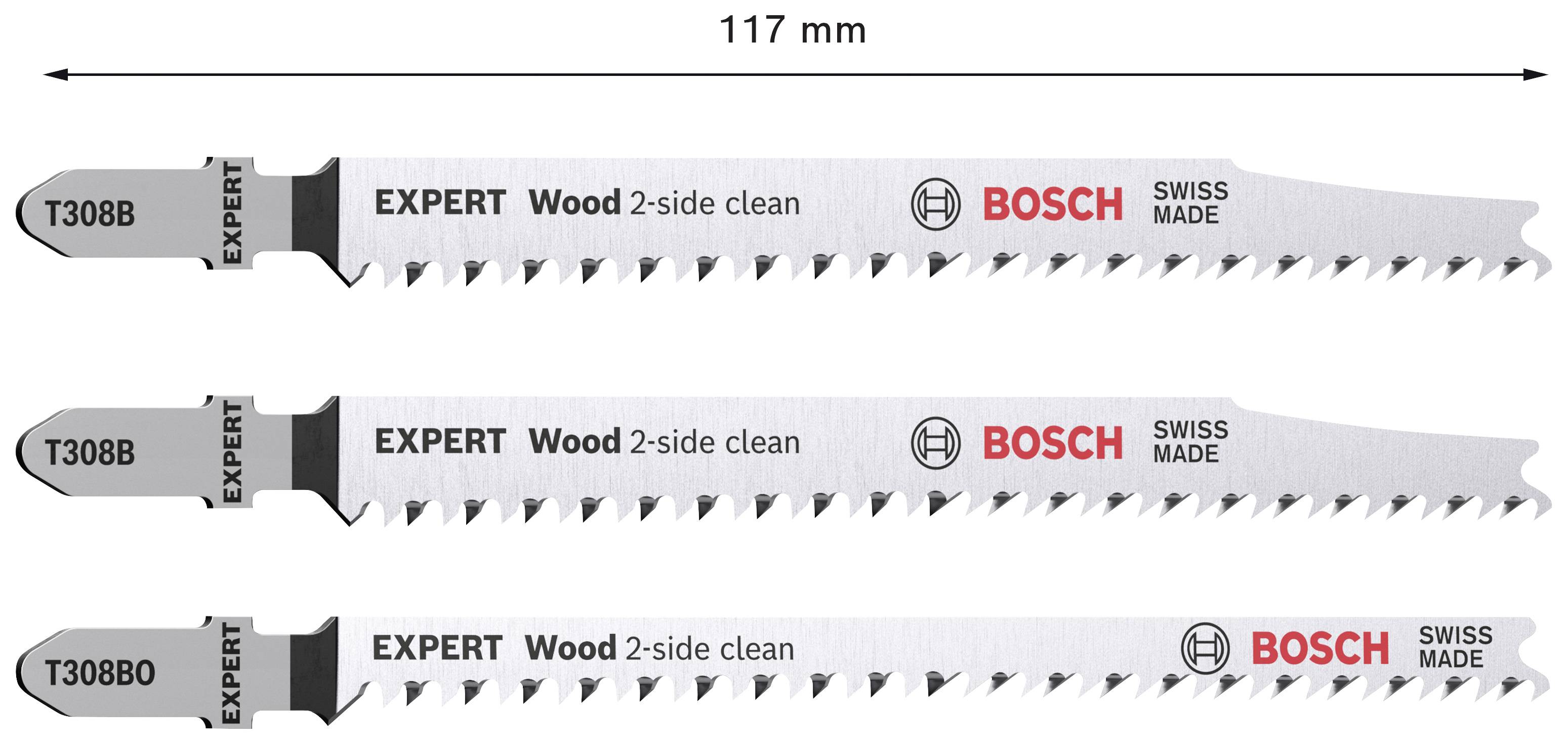Trois lames de scie Bosch portant l'inscription 'EXPERT Wood 2-side clean', longueur 117 mm. Adaptées aux travaux sur bois, fabriquées en Suisse.