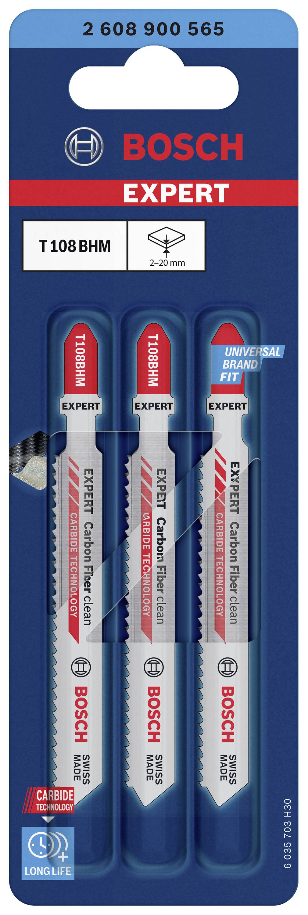 Ensemble de lames de scie sauteuse 'Bosch Expert' avec trois lames, modèle T 108 BHM, adapté pour la coupe rapide des matériaux composites carbone (CFC).