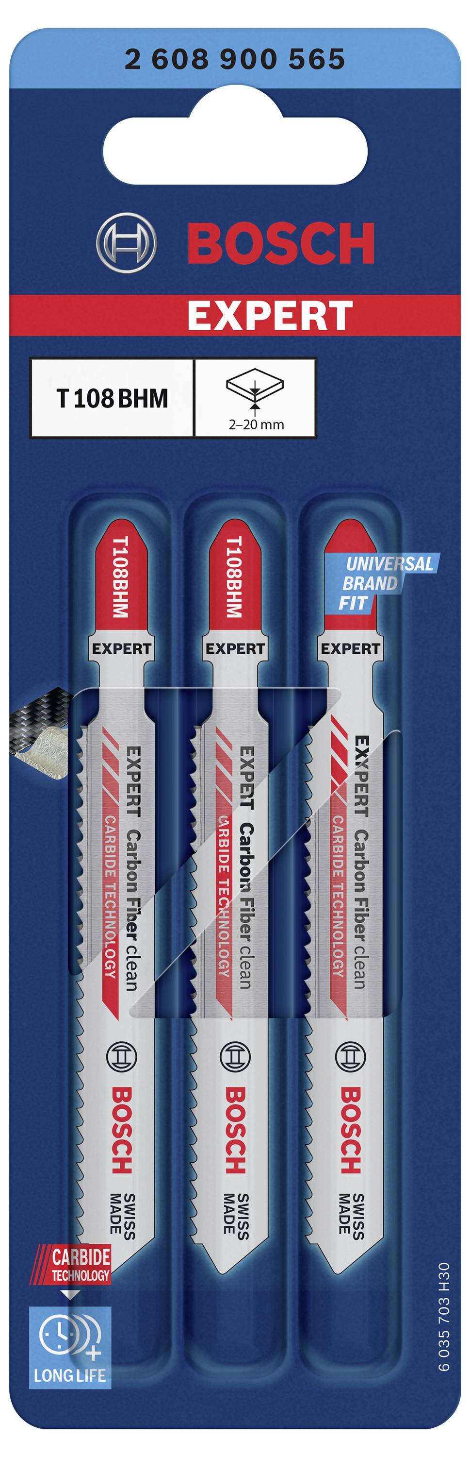 Trois lames de scie sauteuse Bosch Expert T 108 BHM, adaptées pour le bois et le stratifié. Emballage avec les dimensions et spécifications ci-dessus.
