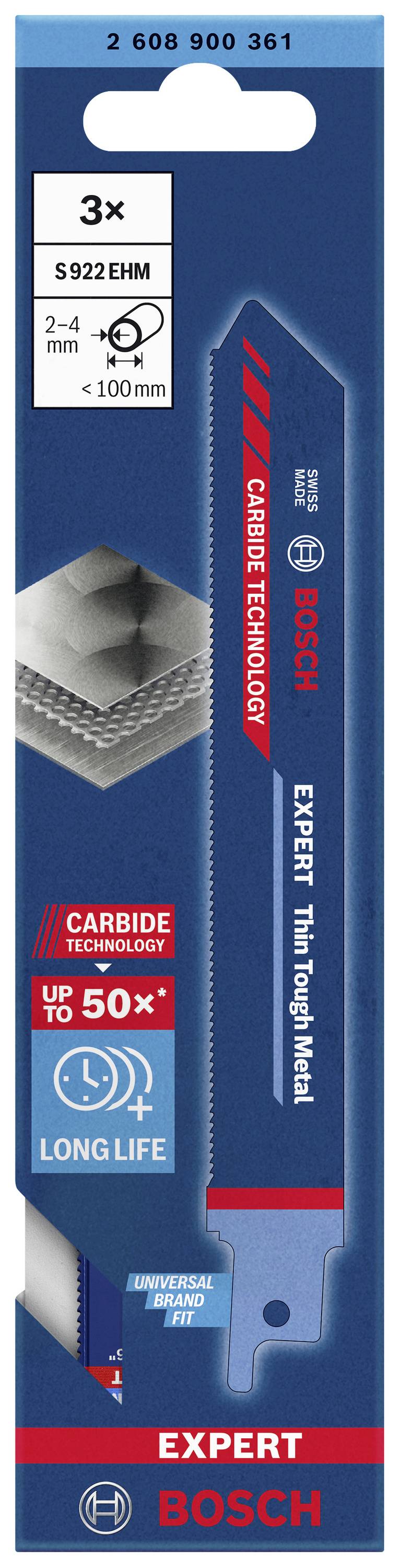 Emballage pour lame de scie Expert Bosch, adaptée aux métaux fins jusqu'à 100 mm, lot de 3 pièces, épaisseur 2-4 mm. Longue durée de vie grâce à la technologie carbure.