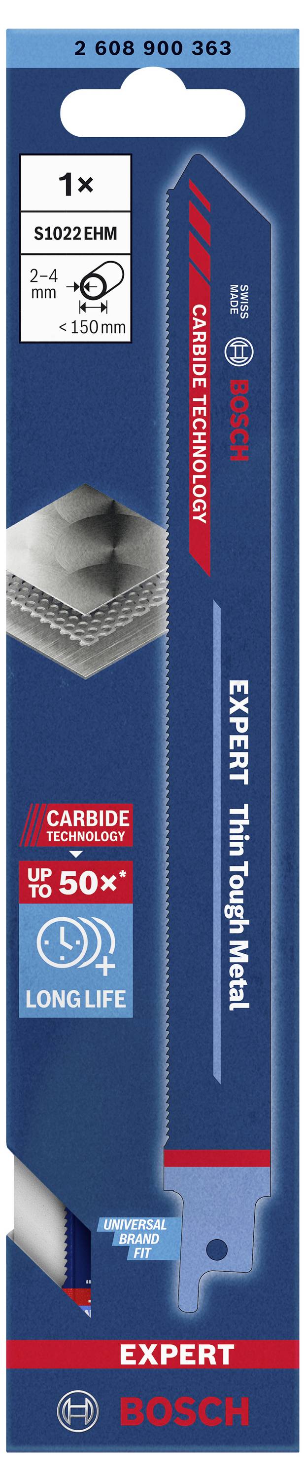 Lame de scie 'Bosch Expert Thin Tough Metal', adaptée au métal, durée de vie 50 fois supérieure, technologie au carbure, longueur 150 mm.
