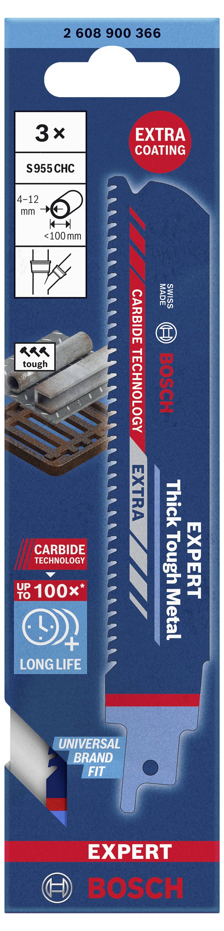 'Lame de scie Bosch Expert Métal, lot de 3, pour coupe de métal épais, particulièrement durable grâce à la technologie carbure, adaptation universelle.'