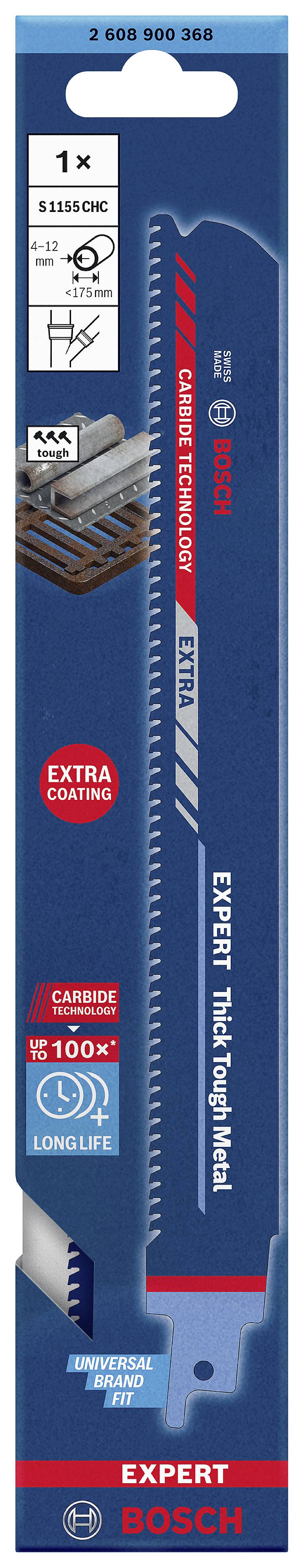 Lame de scie sabre Bosch, modèle 'EXPERT Thick Tough Metal', adaptée pour le métal épais. Contient un revêtement supplémentaire et offre une longue durée de vie.