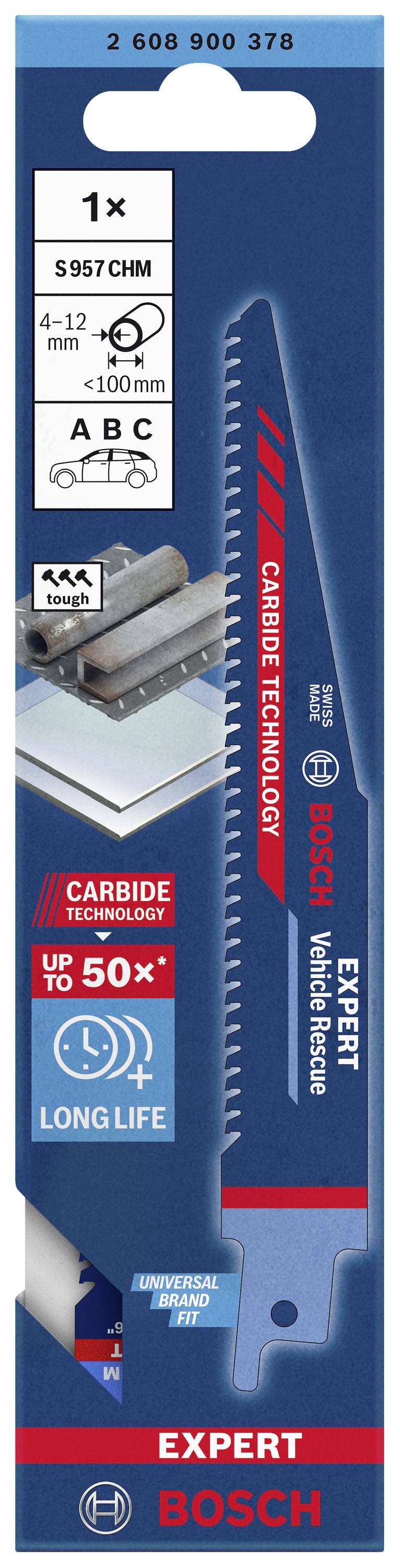 Lame de scie sabre Bosch, modèle 'Expert Thick Tough Metal'. Tient jusqu'à 50 fois plus longtemps. Pour métaux de 4 à 12 mm. Fixation universelle.