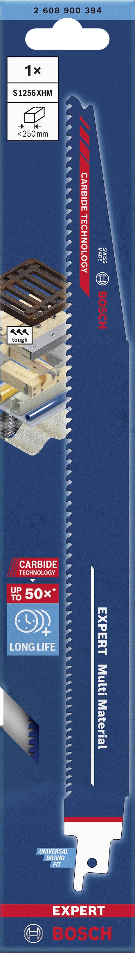 Lame de scie sabre Bosch, modèle 'Expert Wood', 22 cm de long, adaptée aux travaux sur bois, promet une longue durée de vie. L'emballage illustre son utilisation.