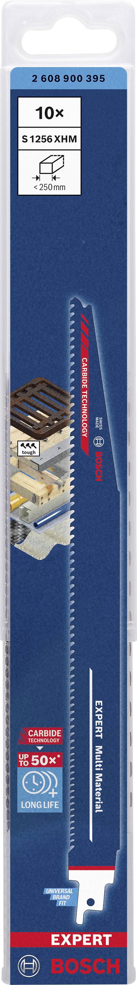 'Lot de 10 lames de scie sabre, compatible avec XHM, pour couper le bois et le métal, Expert 2608900391, l'image de l'emballage montre la disposition et les détails des lames.'