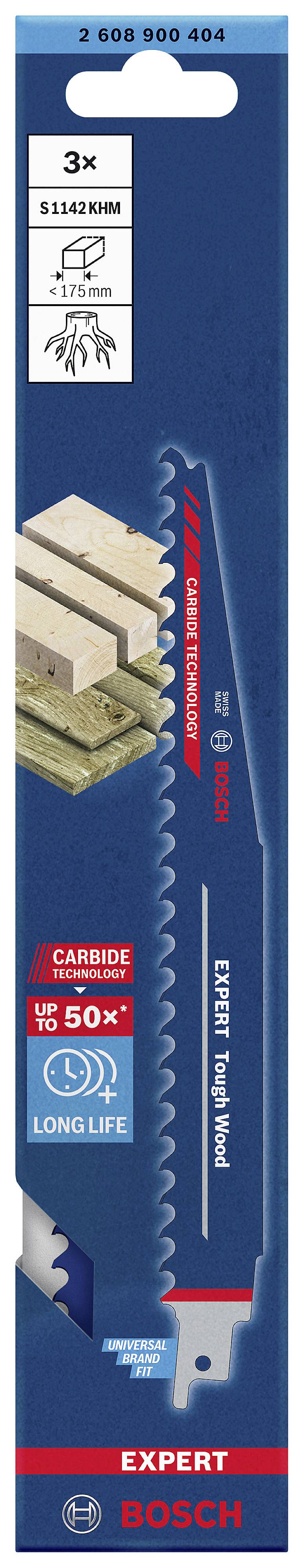 Lame de scie sabre Bosch, adaptée pour le bois et le métal. Longueur : 132 mm. L'emballage présente une image de la lame et des indications sur sa durabilité.