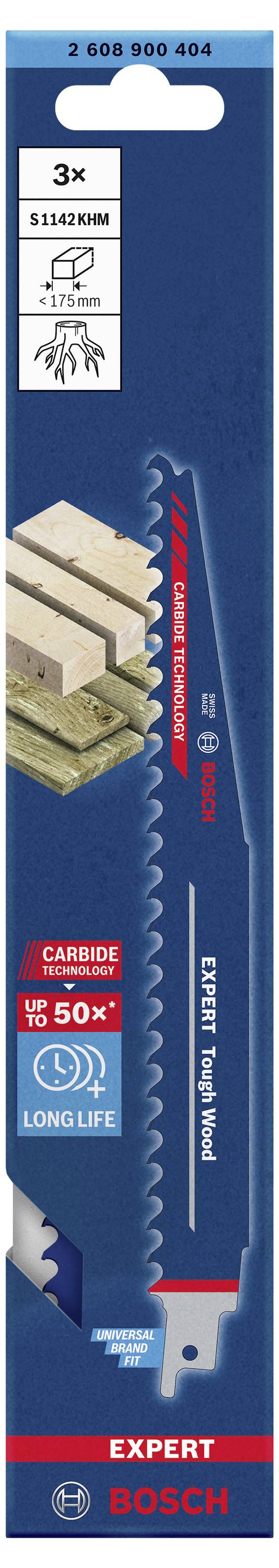 Lame de scie sabre 'Bosch Expert' pour bois, lot de 3, longueur 300 mm. Tient jusqu'à 50 fois plus longtemps, adapté pour des coupes rapides dans le bois.