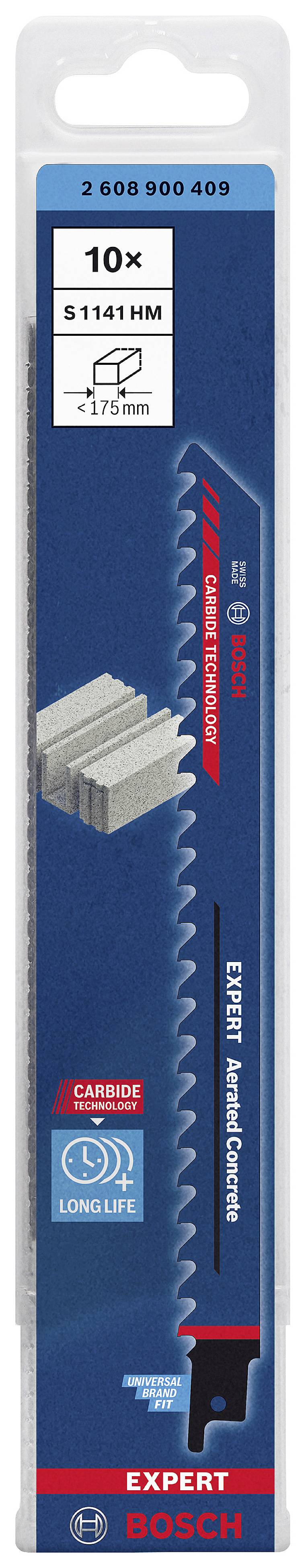 Lame de scie sauteuse Bosch, lot de 10 pièces, modèle S 1141 HM, adaptées pour le métal, avec illustration des lames et logo de marque.