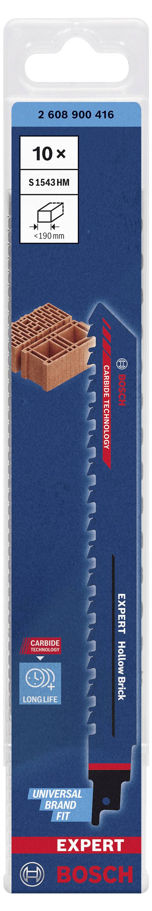 Emballage contenant 10 lames de scie Expert de Bosch, adaptées au béton cellulaire et autres matériaux de construction, avec un design durable.