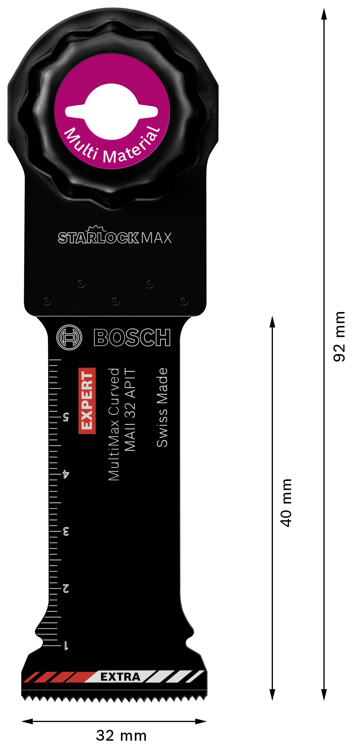 'Lame de scie pour multimatériaux de Bosch, longueur 92 mm, largeur 32 mm. Compatible StarlockMax. Convient pour des coupes précises dans différents matériaux.'