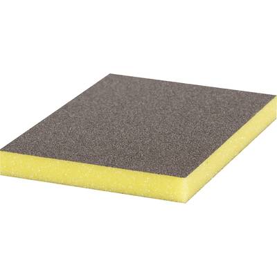 Une éponge abrasive carrée avec une surface noire de type papier de verre et un dos en mousse jaune.