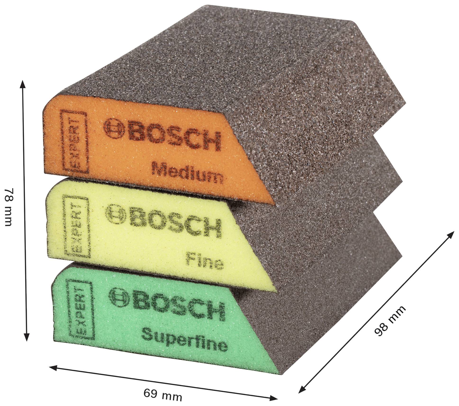 Trois éponges abrasives Bosch, marquées Médium, Fine et Super Fine. Dimensions : 69 mm de largeur, 28 mm de hauteur, 98 mm de longueur.