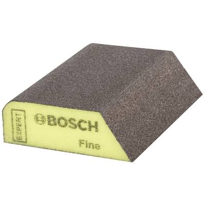 Une éponge abrasive avec un noyau jaune et une surface grise, imprimée avec 'Bosch Expert Fine', adaptée pour le ponçage fin des surfaces.
