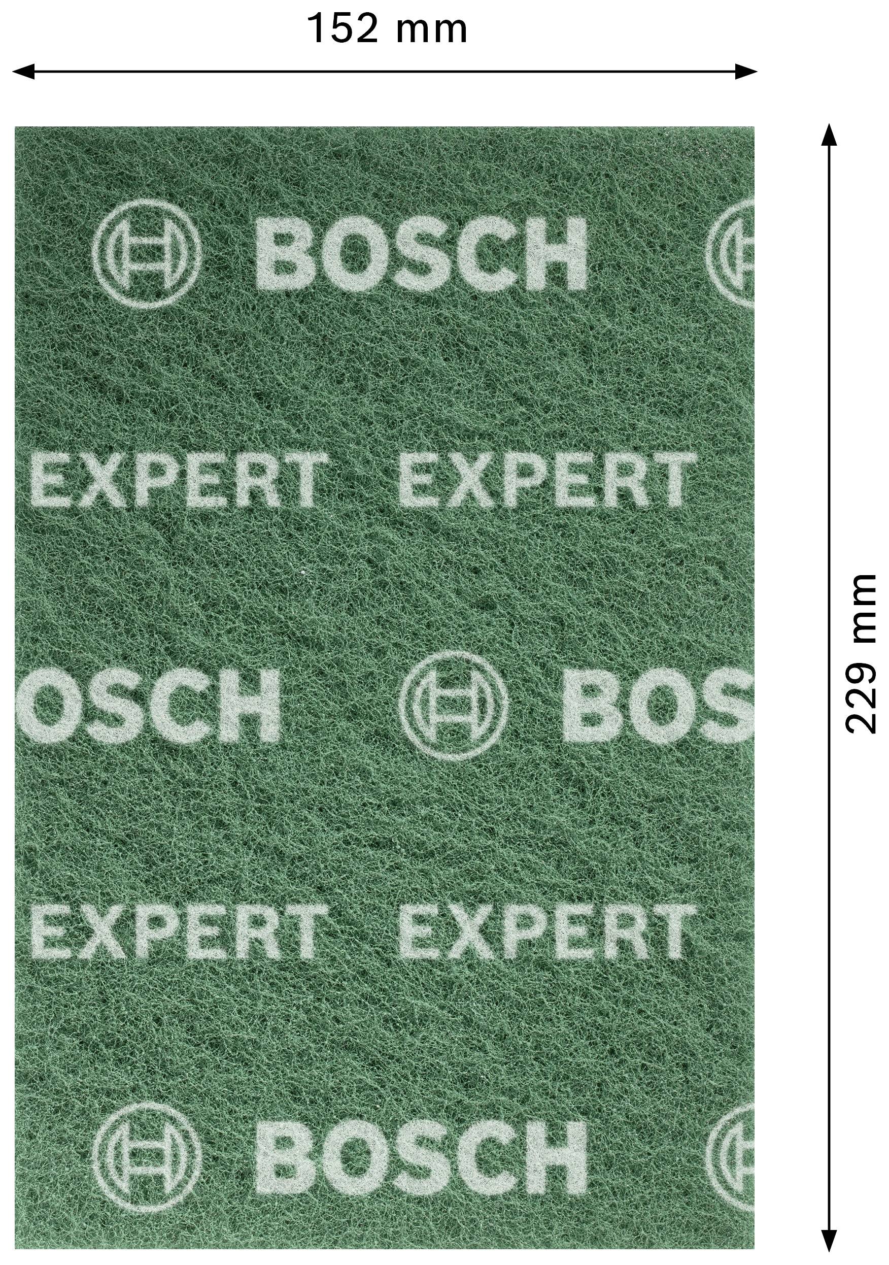 Plateau de ponçage rectangulaire de Bosch, vert avec l'inscription 'EXPERT', 'BOSCH'. Dimensions : 152 mm de largeur, 229 mm de hauteur.