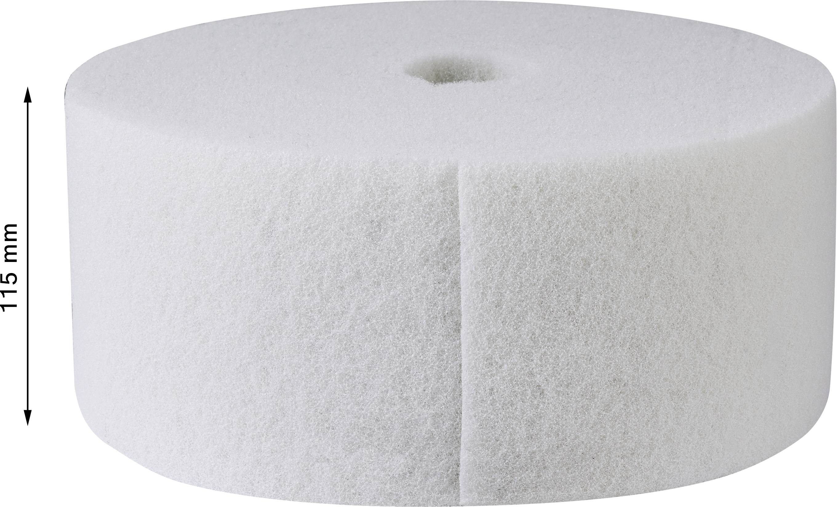 Grande roue filtrante blanche et ronde, mesurant 115 mm de hauteur, semblant être composée de matériau filtrant. Idéale pour les systèmes de filtration d'eau ou d'air.