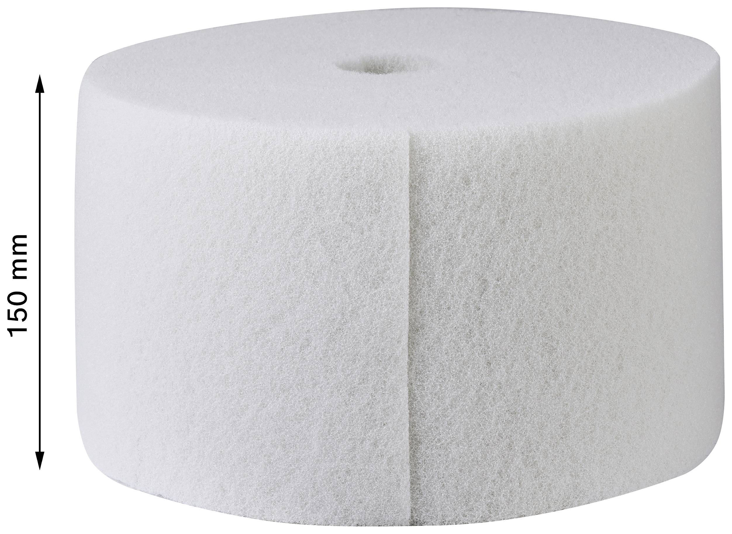 Un tampon filtrant blanc cylindrique d'une hauteur de 150 mm est présenté.