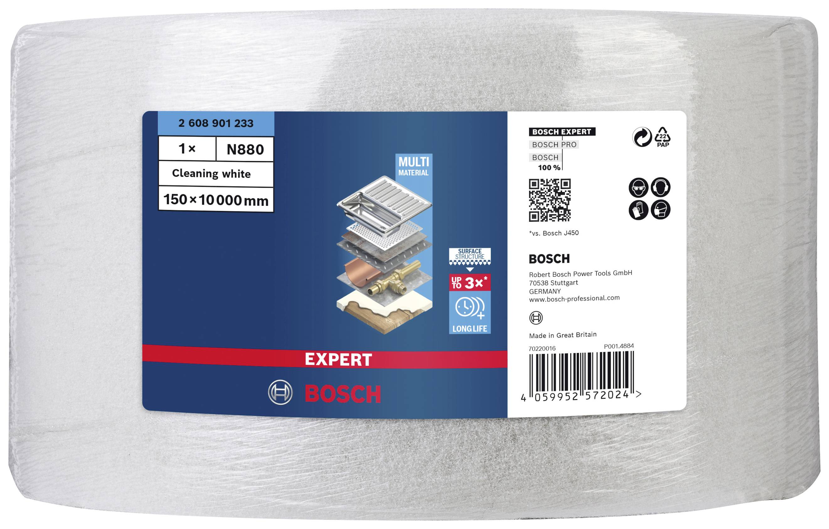 Banderole pour un produit de nettoyage Bosch. Contient des informations telles que la taille '150x10000mm', le numéro de modèle 'N880' et 'Cleaning white'.