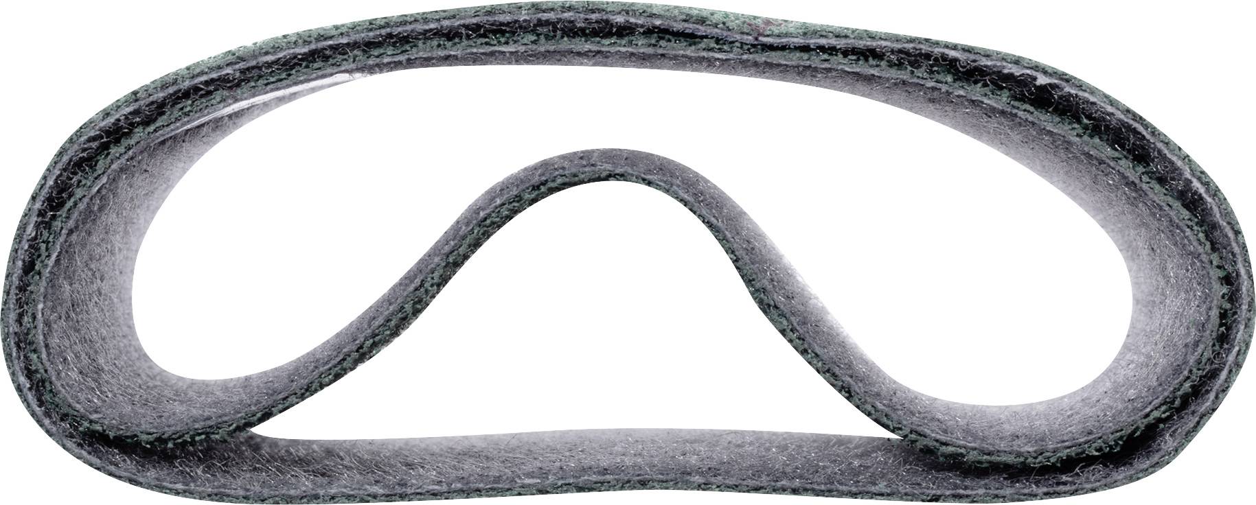 Un ruban de feutre gris avec une boucle torsadée au milieu, reposant sur une surface blanche.