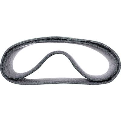 Un ruban de feutre gris avec une boucle torsadée au milieu, reposant sur une surface blanche.