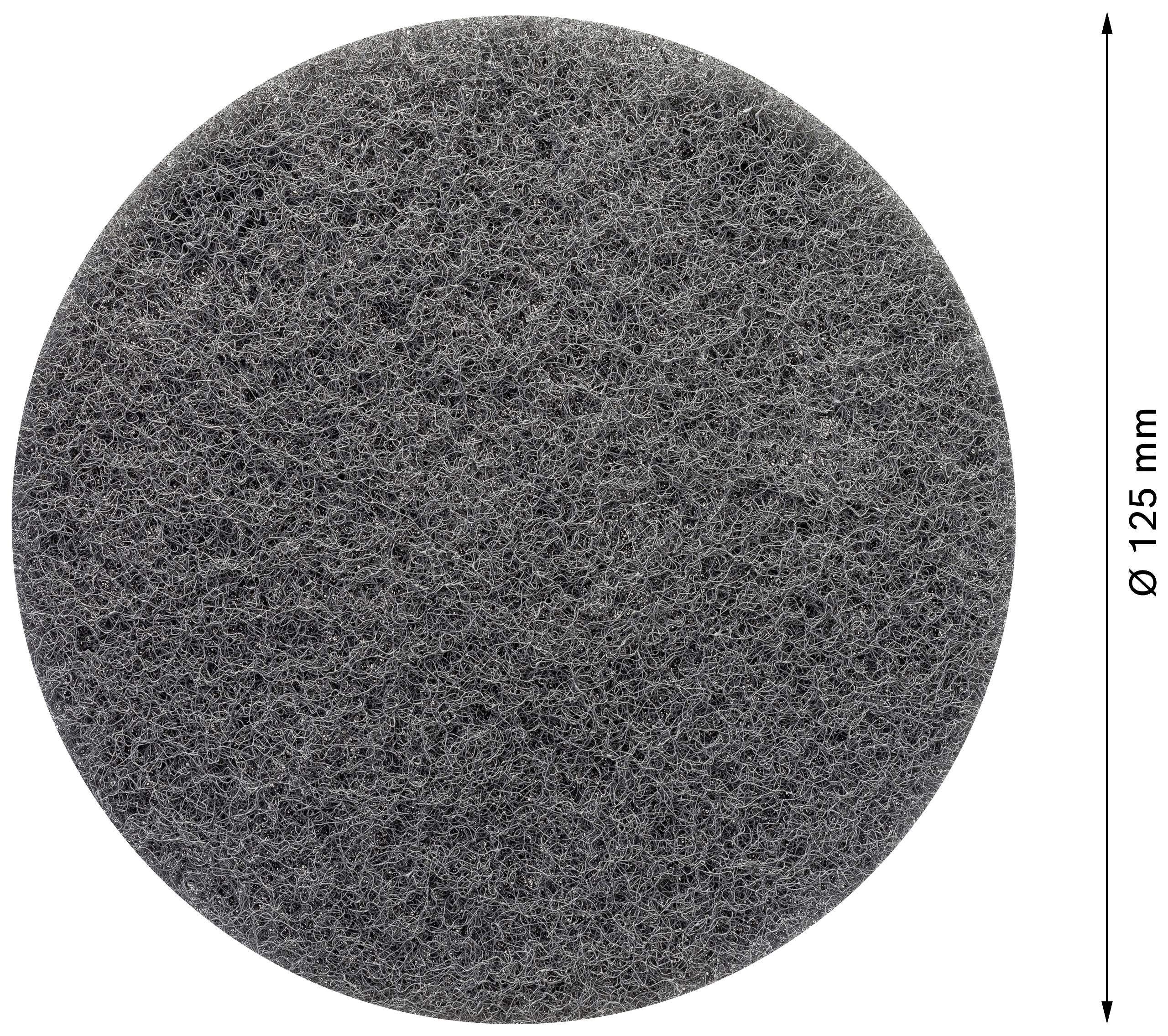 Tampon gris foncé rond de 125 mm de diamètre, à texture similaire à un tissu non tissé fin.