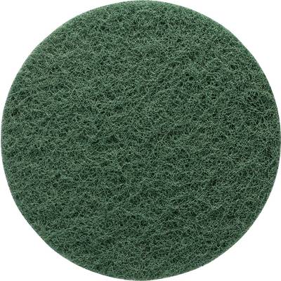 Un éponge ronde verte, vue de dessus, montrant sa texture grossière et spongieuse, idéale pour nettoyer des surfaces.