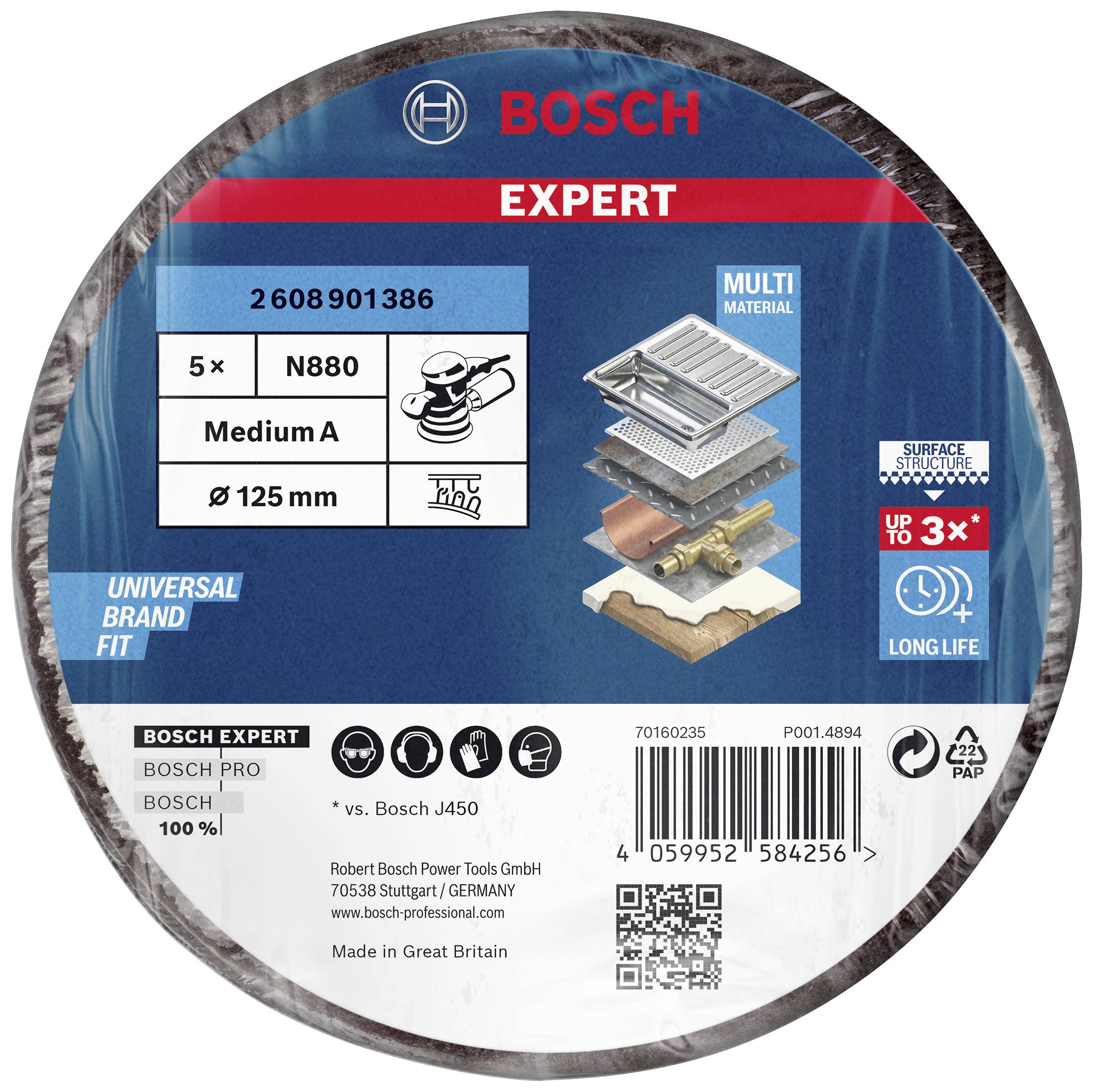 Disque à tronçonner Bosch 'Expert' pour multi-matériaux, 125 mm. La face avant de l'emballage présente les détails du produit tels que la taille et le domaine d'application.