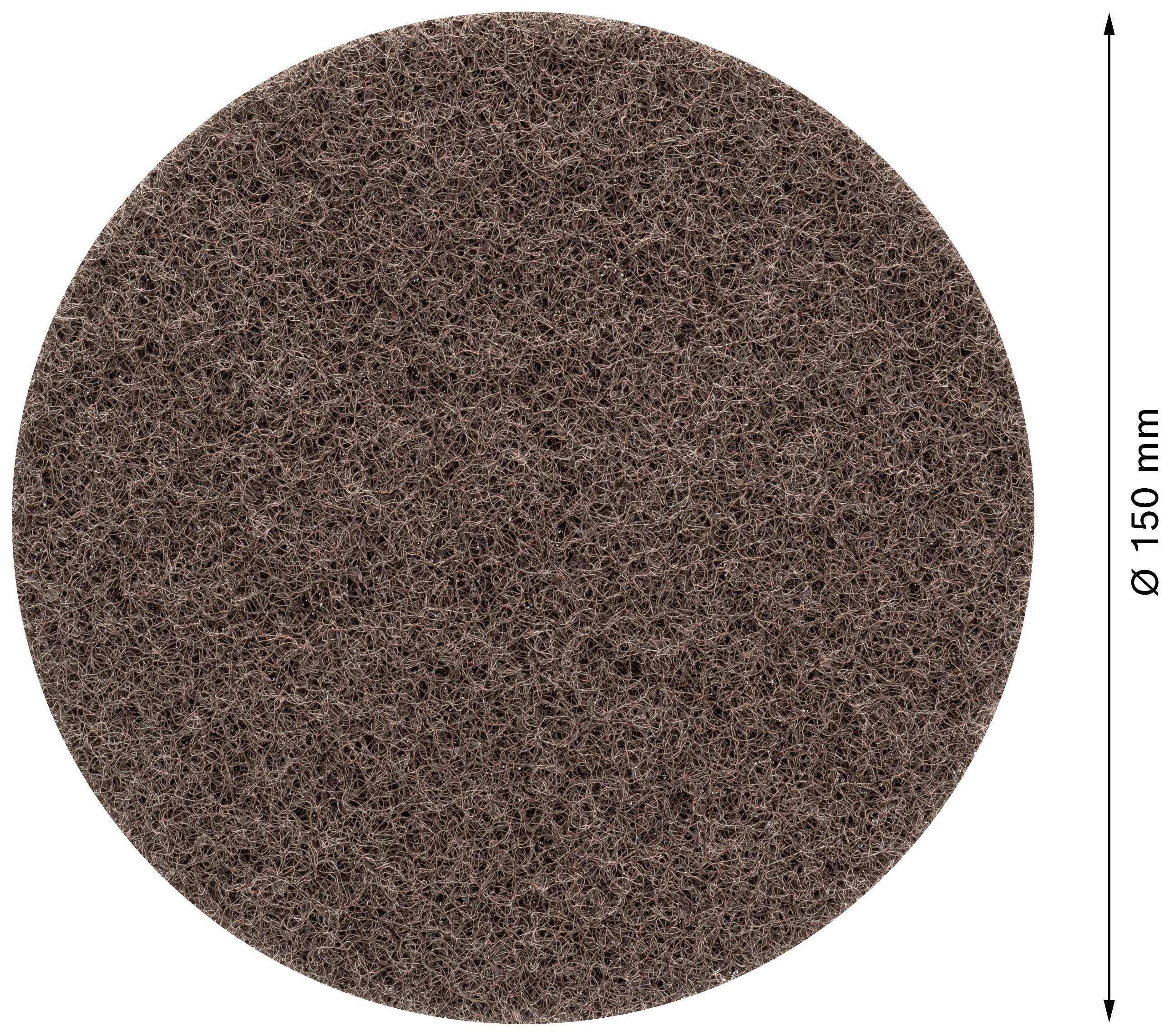 Disque abrasif brun et rond, d'un diamètre de 150 mm, présenté sur un fond blanc.