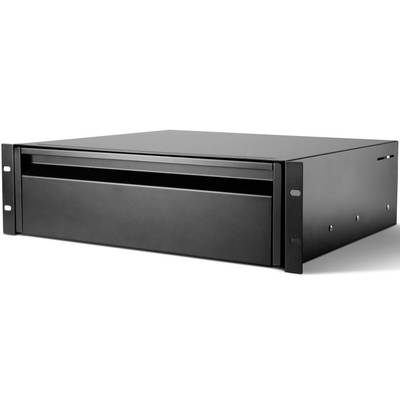 Un boîtier de rack noir de 19 pouces, de deux unités de hauteur, avec un panneau avant. Adapté pour le montage dans un rack serveur.