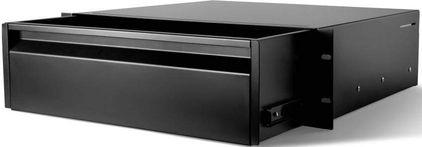 Tiroir en métal noir de 2 unités de hauteur, partiellement ouvert, pour le rangement d'équipements ou d'accessoires dans un rack serveur ou audio.