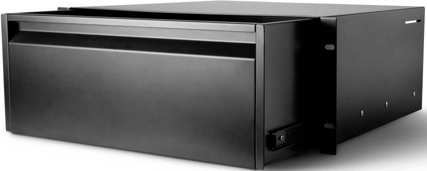 Tiroir noir rectangulaire en métal, conçu pour être installé dans un rack serveur, équipé d'une poignée coulissante sur le côté droit.
