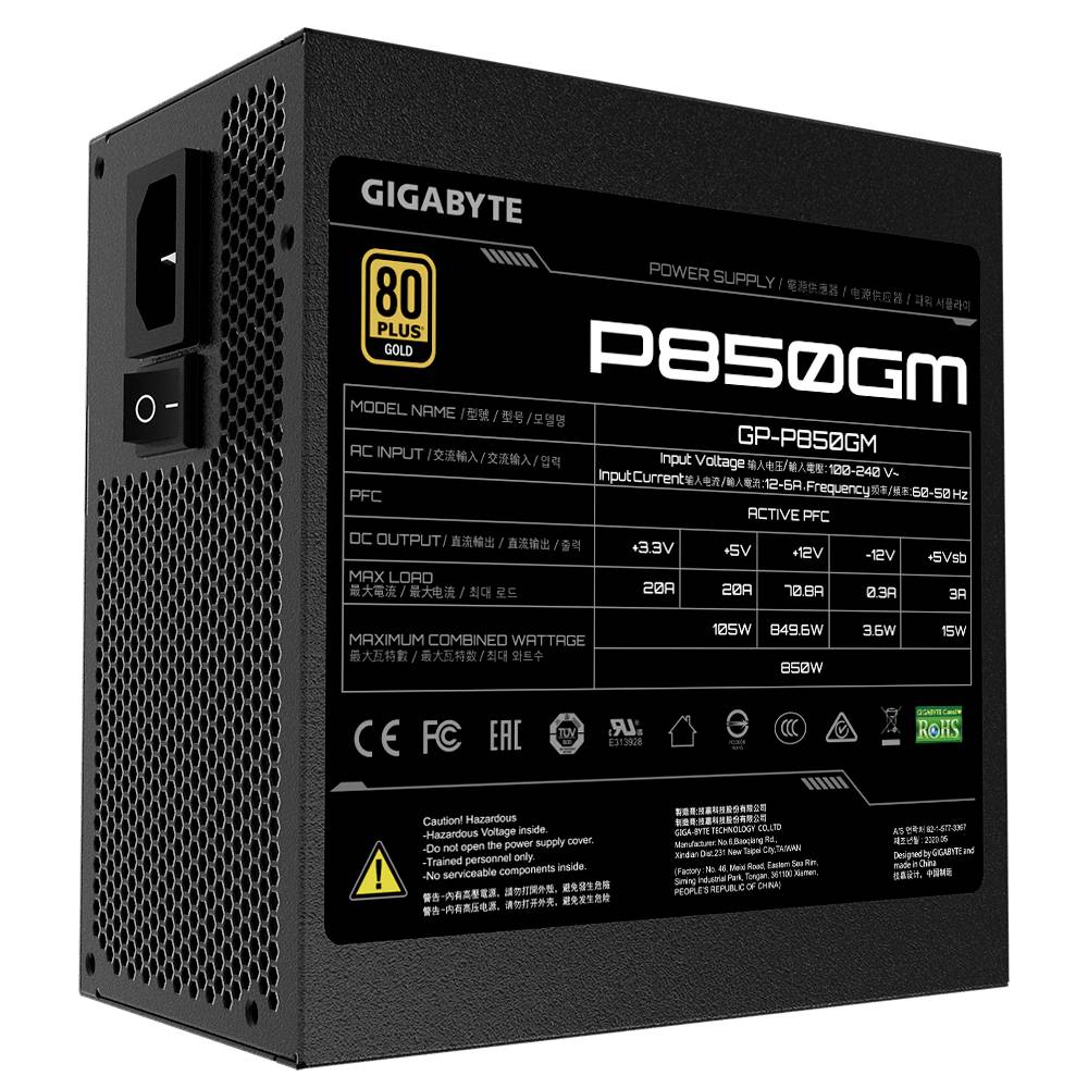GIGABYTE P850GM, 850 W, 100 - 240 V, 50 - 60 Hz, 12 A, 6 A, Actif-1