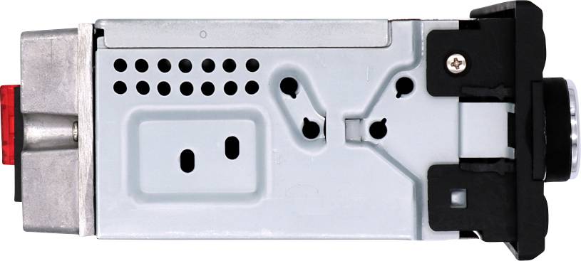 Vue arrière d'un autoradio avec ses connexions et ses ouvertures de ventilation, montrant un boîtier métallique compact et des supports de montage latéraux à vis.