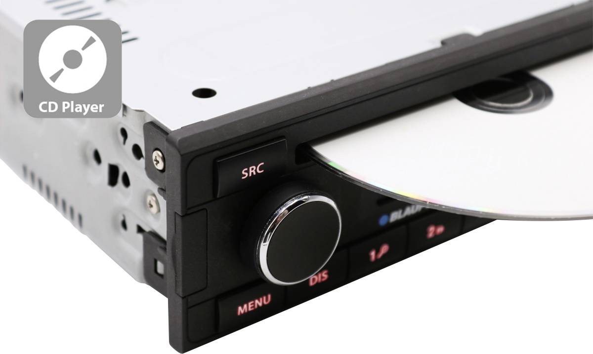 Lecteur automatique avec CD amovible. Commandes visibles : 'SRC', 'MENU', 'DIS', '1/2'. Symbole indiquant 'Lecteur CD'.