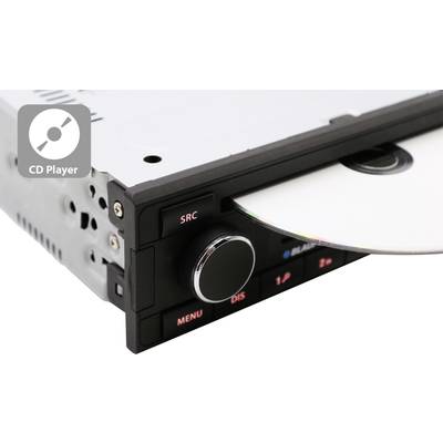 Lecteur automatique avec CD amovible. Commandes visibles : 'SRC', 'MENU', 'DIS', '1/2'. Symbole indiquant 'Lecteur CD'.