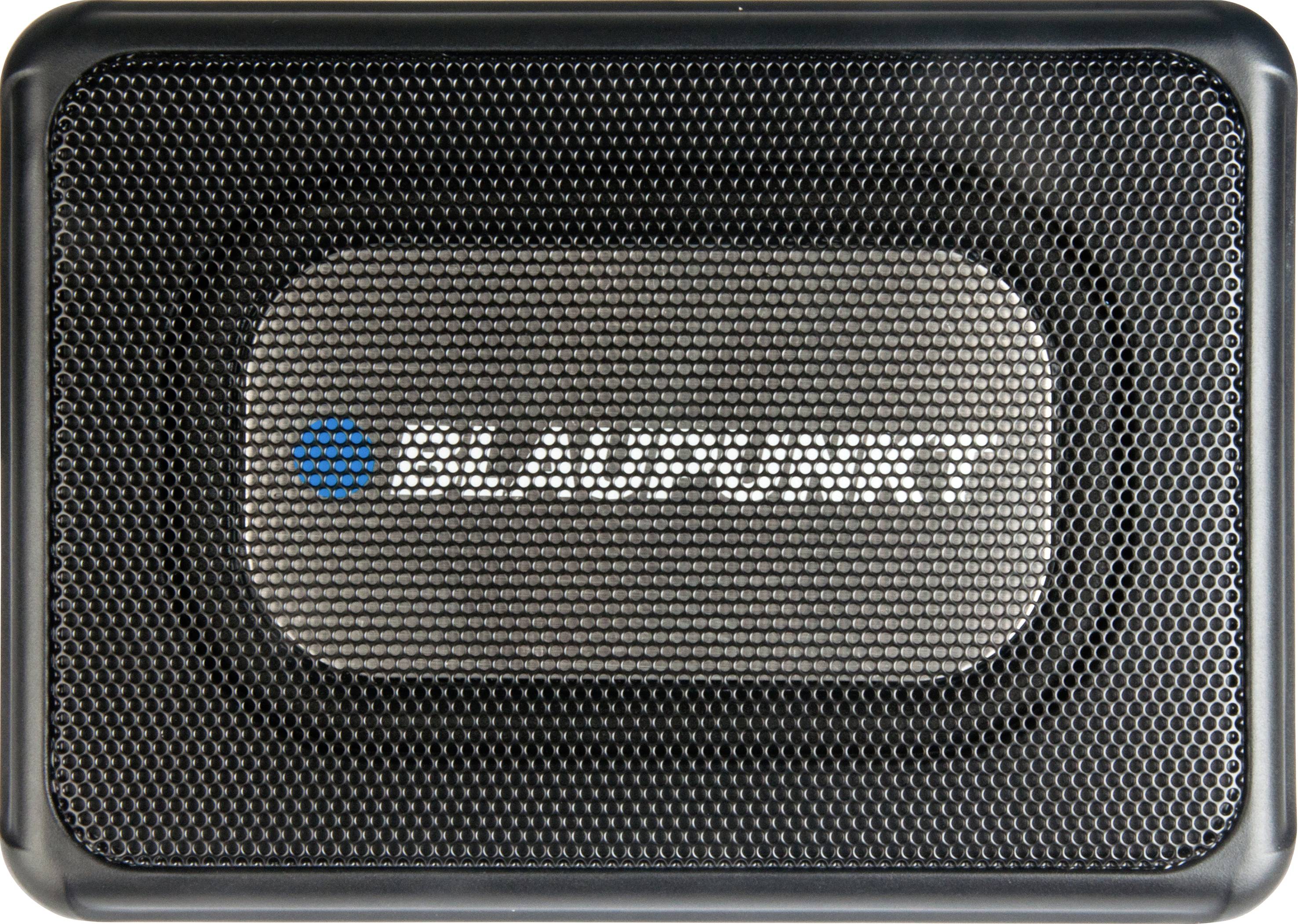 Haut-parleur noir avec le logo 'BLAUPUNKT' visible au centre, posé sur une grille de protection.