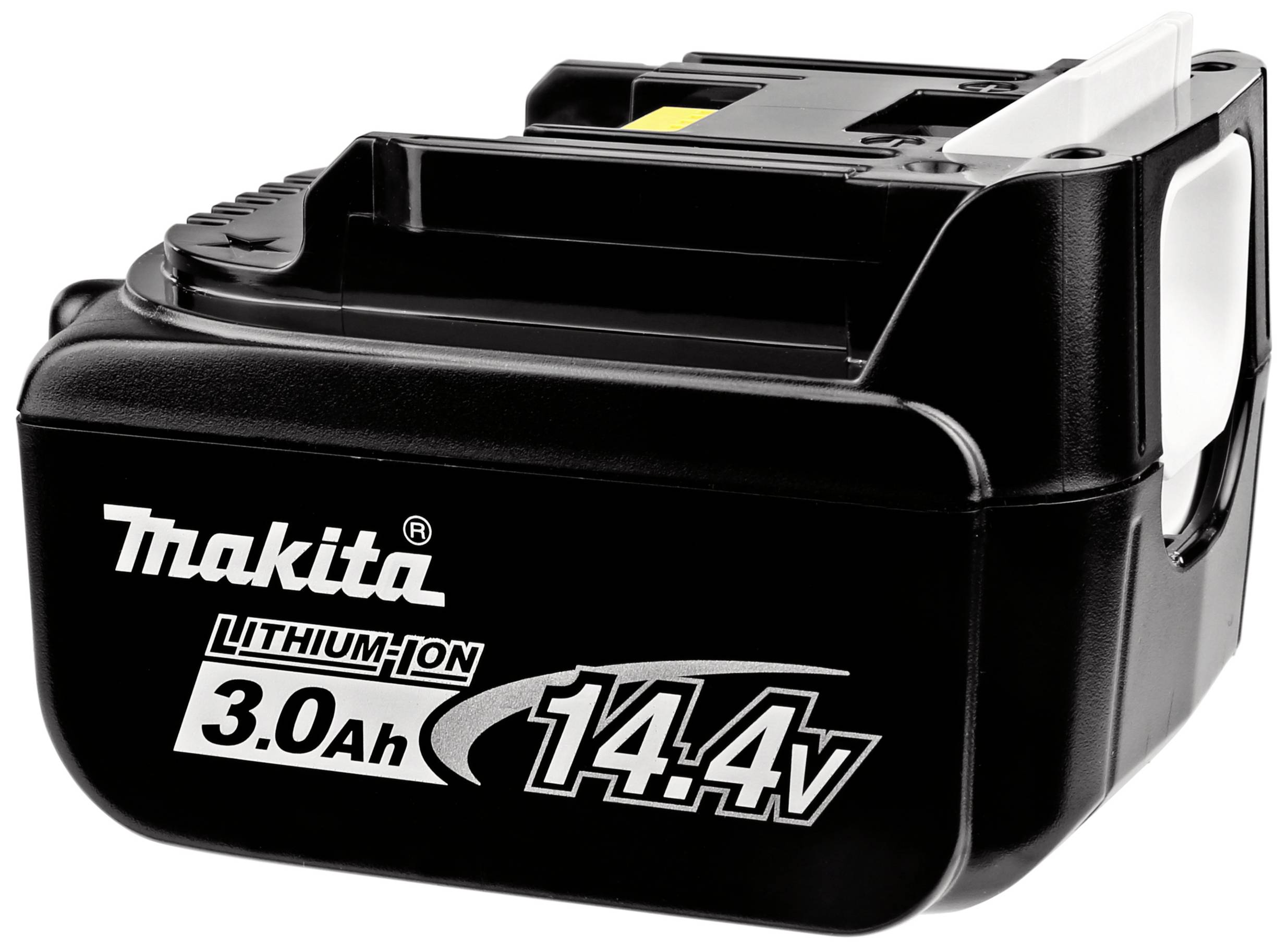 Un accumulateur Makita noir de 3,0 Ah en lithium-ion de 14,4 V.