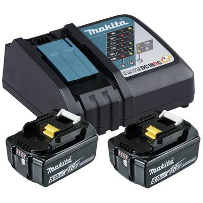 Chargeur Makita et deux batteries 18 V. Chargeur avec indicateurs de statut et deux batteries noires d'une capacité de 6,0 Ah.