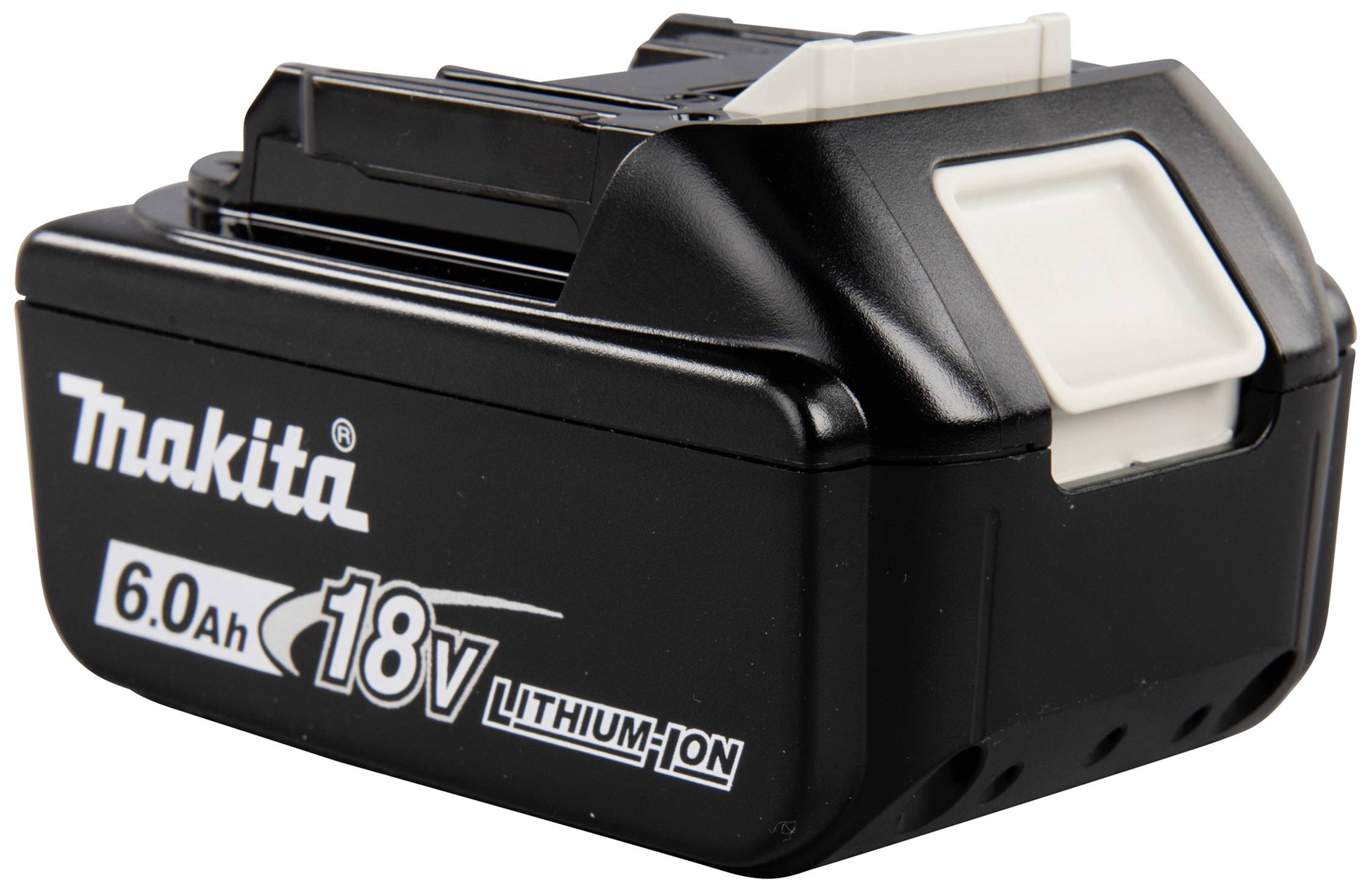 Un accu noir Makita 18V Lithium-Ion avec une capacité de 6,0 Ah.