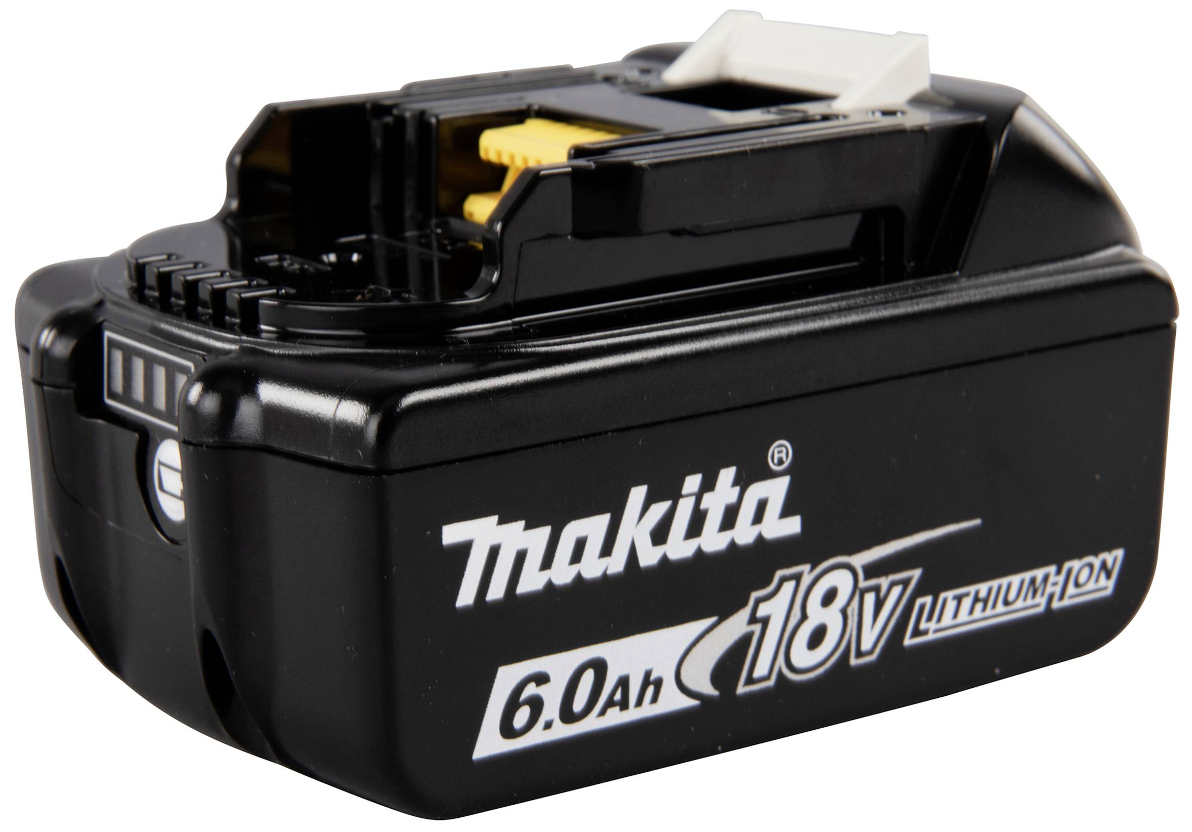 Batterie Makita Lithium-Ion 18V noir de 6,0 Ah, vue de côté.