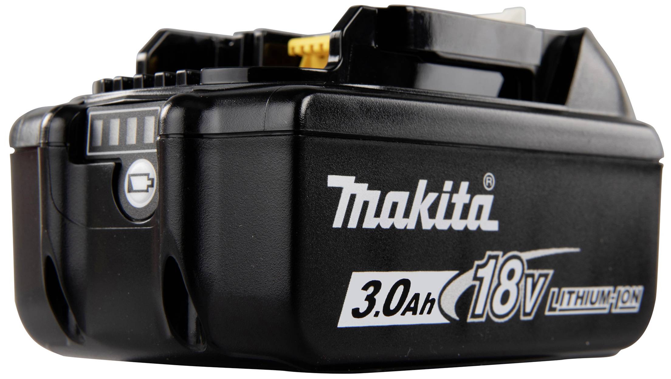 Batterie Makita Lithium-Ion, 3,0 Ah, 18V. Batterie rectangulaire noire avec logo du fabricant, adaptée aux outils électriques.