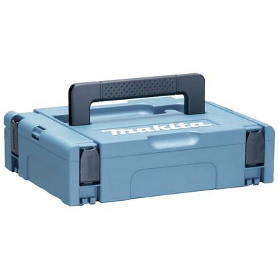 Un coffret Makita bleu avec une poignée noire, adapté au rangement des outils. Le coffret est fermé et portable.