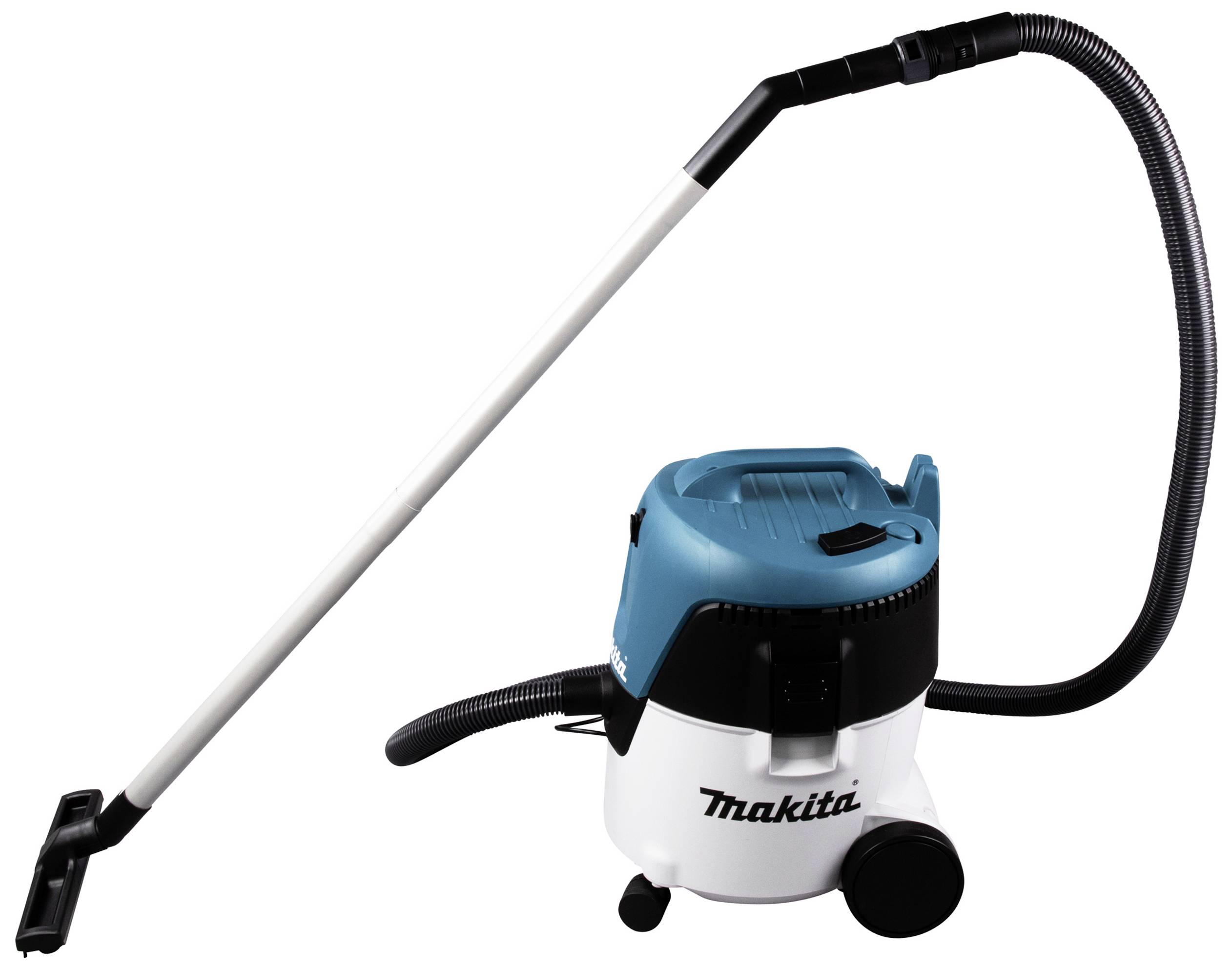 Un aspirateur avec un boîtier bleu et blanc, un long tuyau noir et un tube d'aspiration.