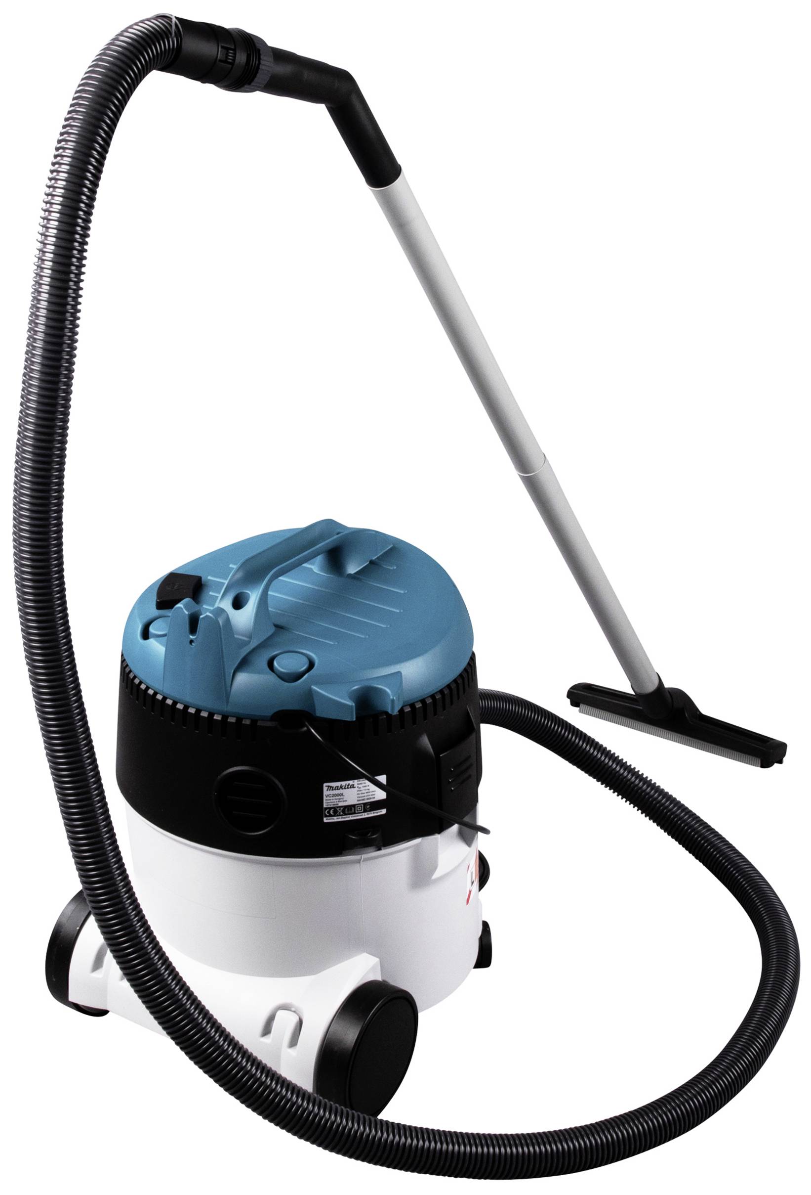 Aspirateur industriel à long tuyau et design compact, idéal pour le nettoyage de grandes surfaces dans des environnements professionnels.