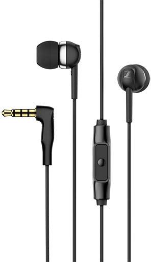 Écouteurs intra-auriculaires noirs avec microphone et jack 3,5 mm, compatibles avec smartphones et appareils audio.