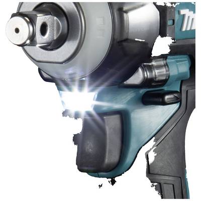 Visseuse sans fil en action avec une lampe LED éclairante, montrant une partie de l'appareil en gros plan. La couleur principale est turquoise.