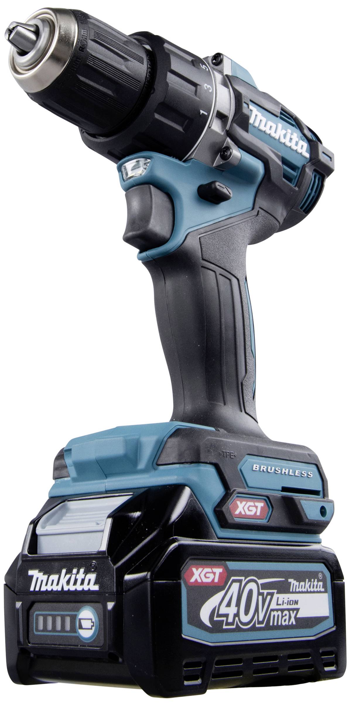 Visseuse sans fil noir et bleu, modèle 'Makita XGT 40V max', debout.