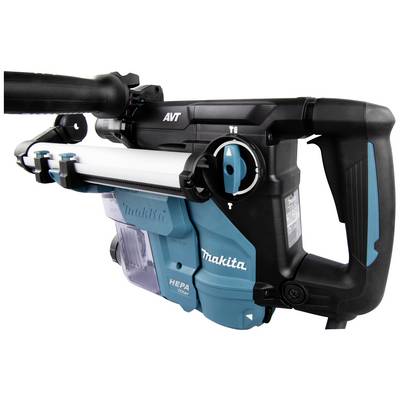 Marteau perforateur sans fil Makita avec technologie anti-vibrations et filtre HEPA, vu de côté.